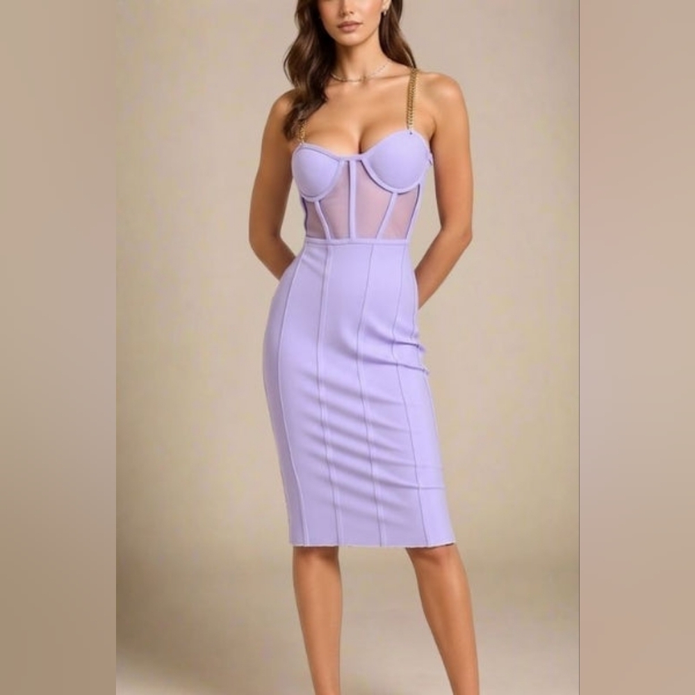 Women’s Lavender Midi Bodycon Dress with Sheer Corset Bodice
